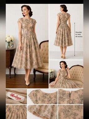 Vintage 1950s Monique New York Floral Dress Womens Small S Full Skirt